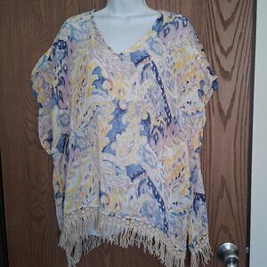 Chico's Linen Tie Dye Poncho V-Neck Fringe Asymmetrical Top S/M Petite Medium